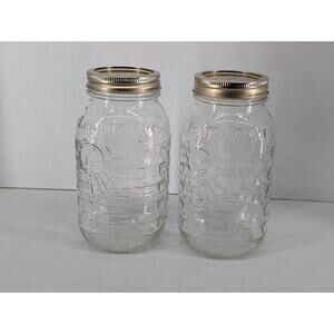 2 Vintage Longaberger Blue Ribbon Collection 16oz Mason Canning Jars USA